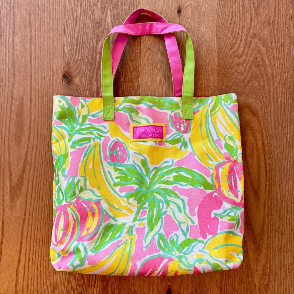 Lilly Pulitzer Pink Green Tropical Floral Canvas Tote Preppy Beach Bag